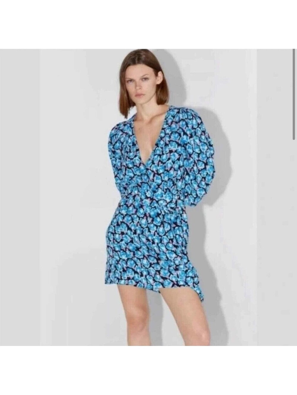 Zara Mini Dress Women's XL Blue Floral Belted Faux Wrap Dress BLOGGER FAVORITE